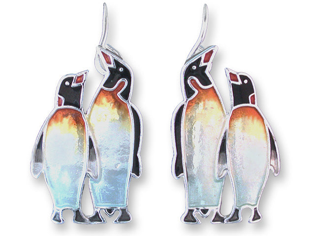 Emperor Penguin Couple Art Earrings (Enamel & Silver Plated - 1 1/8" x 1/2")