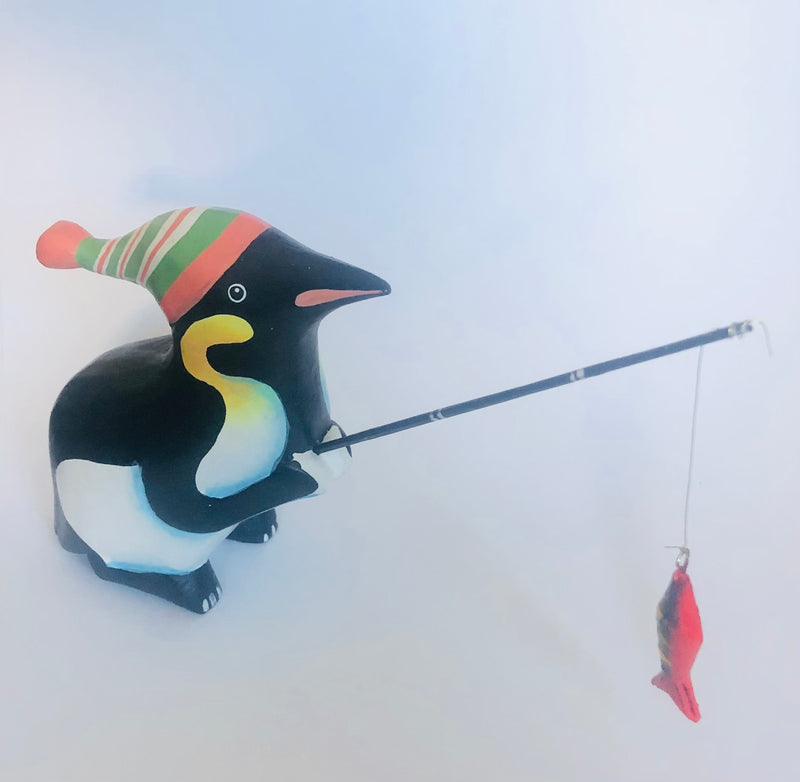 Fishing Penguin Sculpture (4" Tall)