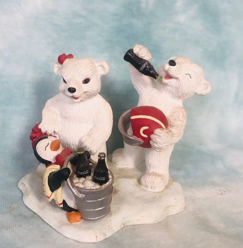 Coca Cola Polar Bear Cubs with Penguin Figurine -1998 Resin - H72054