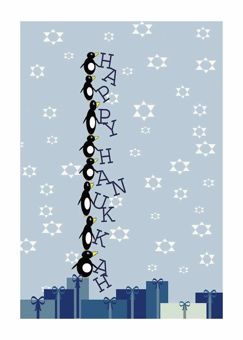 Happy Hanukkah Stacked Penguins Card (5" x 7")