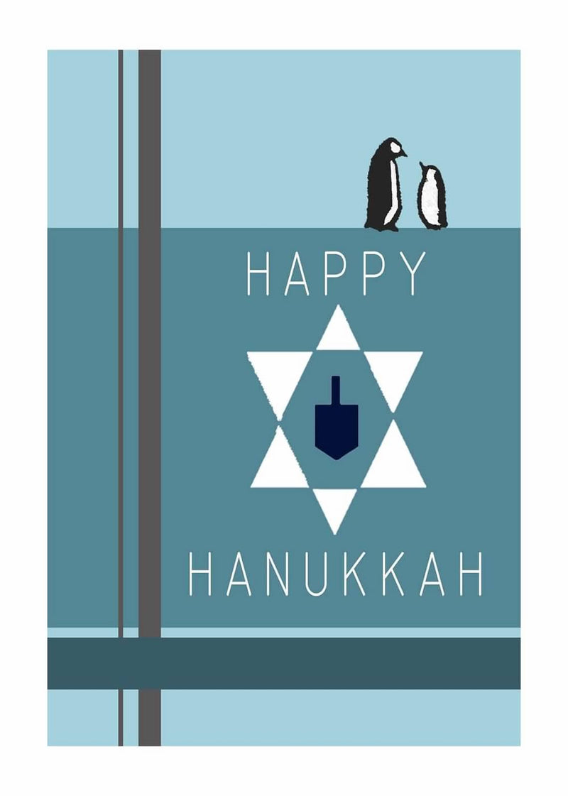 Happy Hanukkah - Star, Dreidel, Penguins Card (5" x 7")