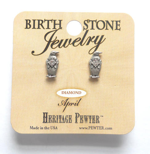 Pewter Penguin April Birthstone Earrings Stud