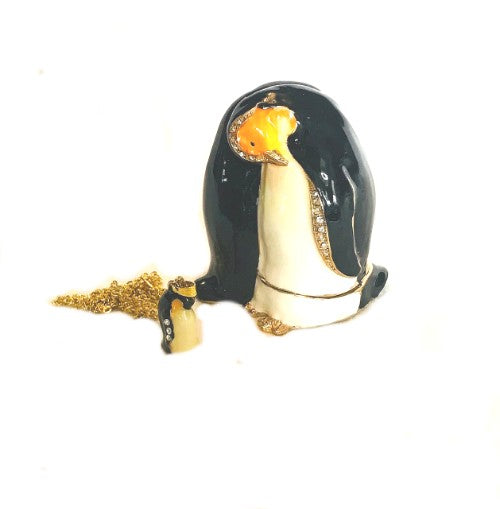 Penguin Couple Side to Side Bejeweled Enamel Box with Penguin Necklace (2" Tall)