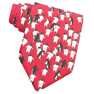 Waddling Red Penguins Silk Tie