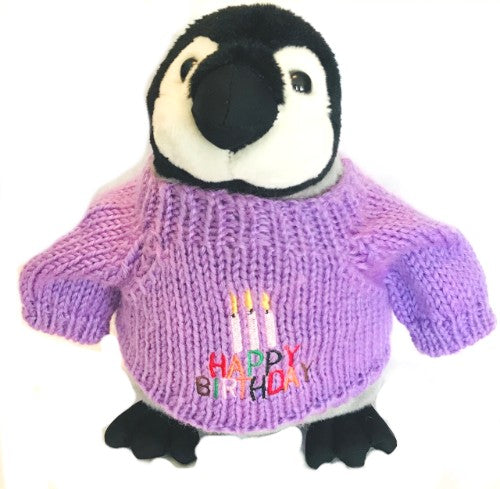 Happy Birthday Penguin Plush with Purple Sweater (10" Tall)