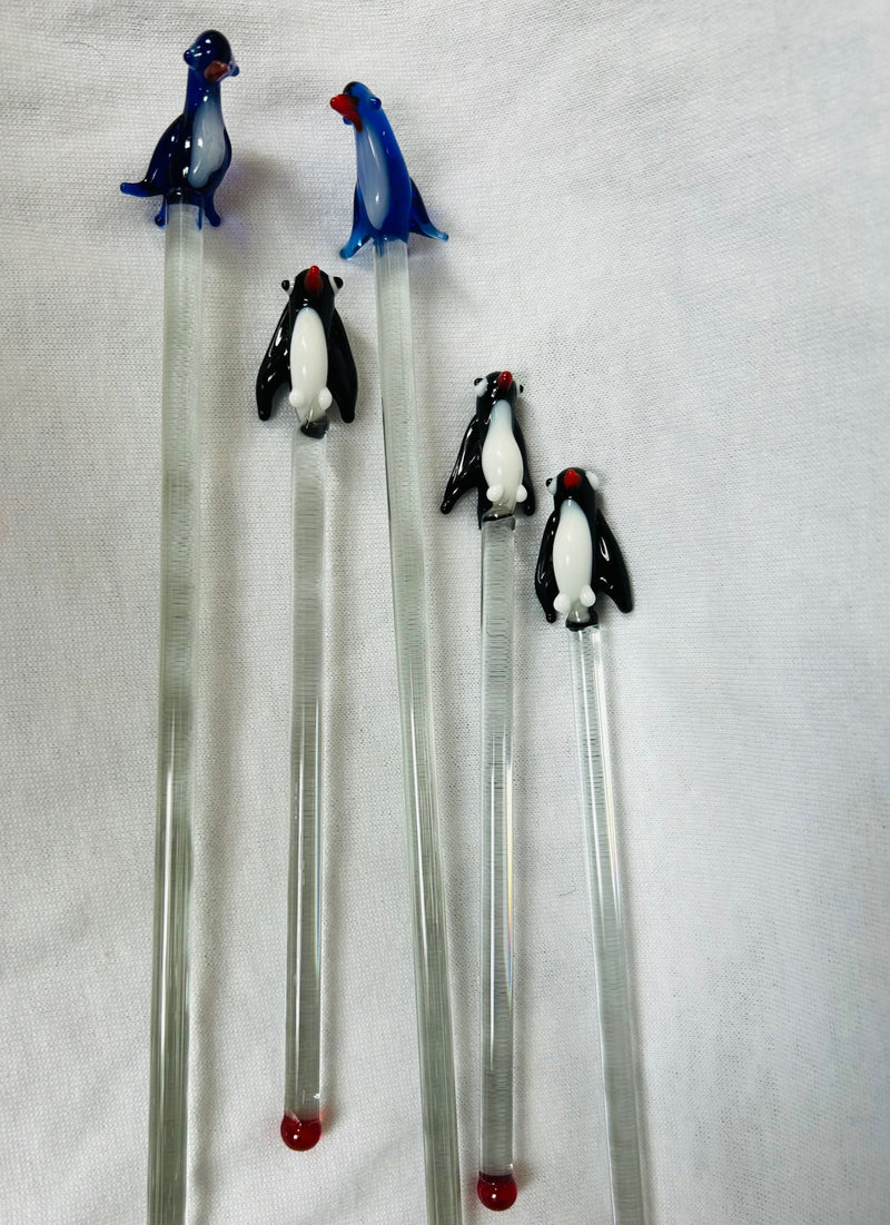 Glass Penguin Drink Stirrer Set (Five 7" tall stirrers)