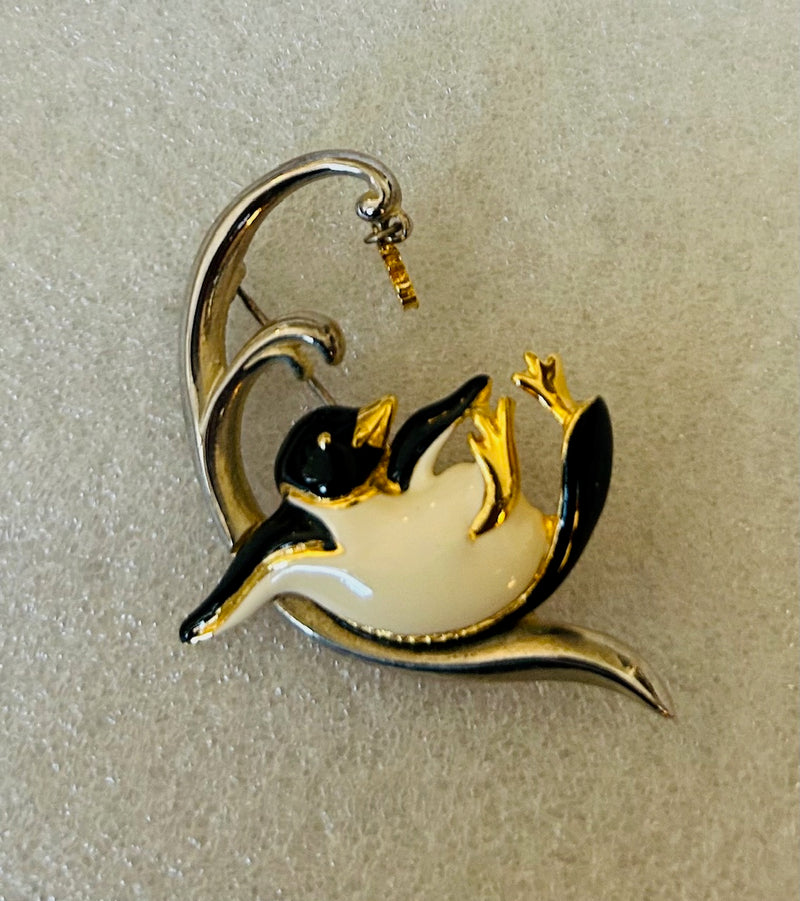 Frolicking Penguin Enamel and Metal Brooch (2" Tall)
