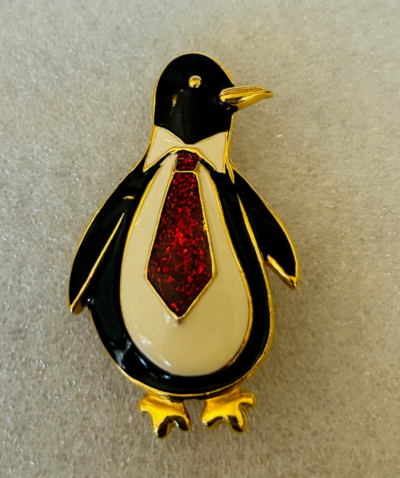 Red Tie Penguin Brooch (2" Tall)