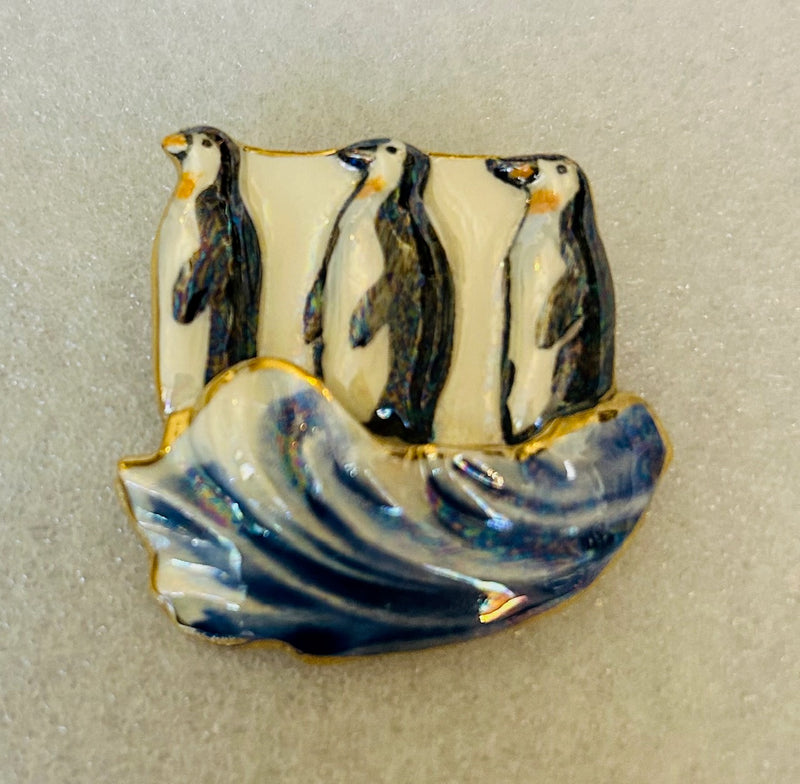 Penguin Trio Ceramic Brooch (2" Tall)