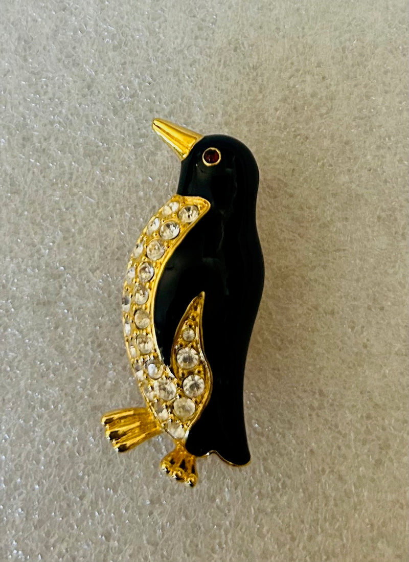 Enamel and Rhinestone Penguin Pin (1 1/2" Tall)