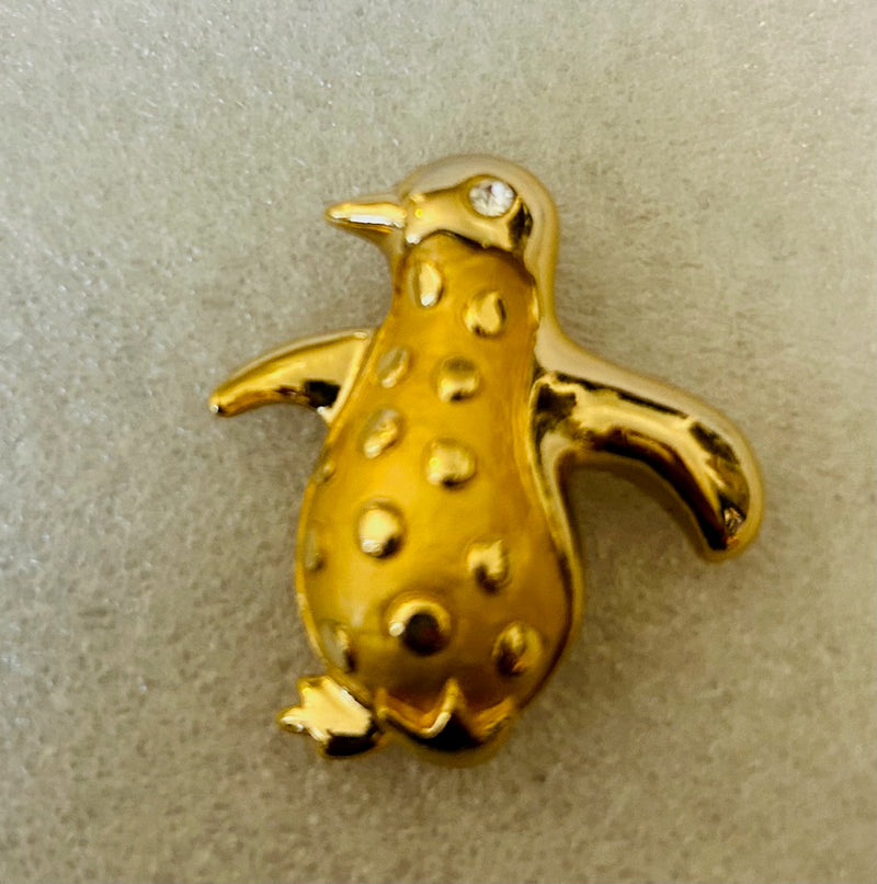 Dancing Brass and Rhinestone Penguin Brooch (2" Tall)