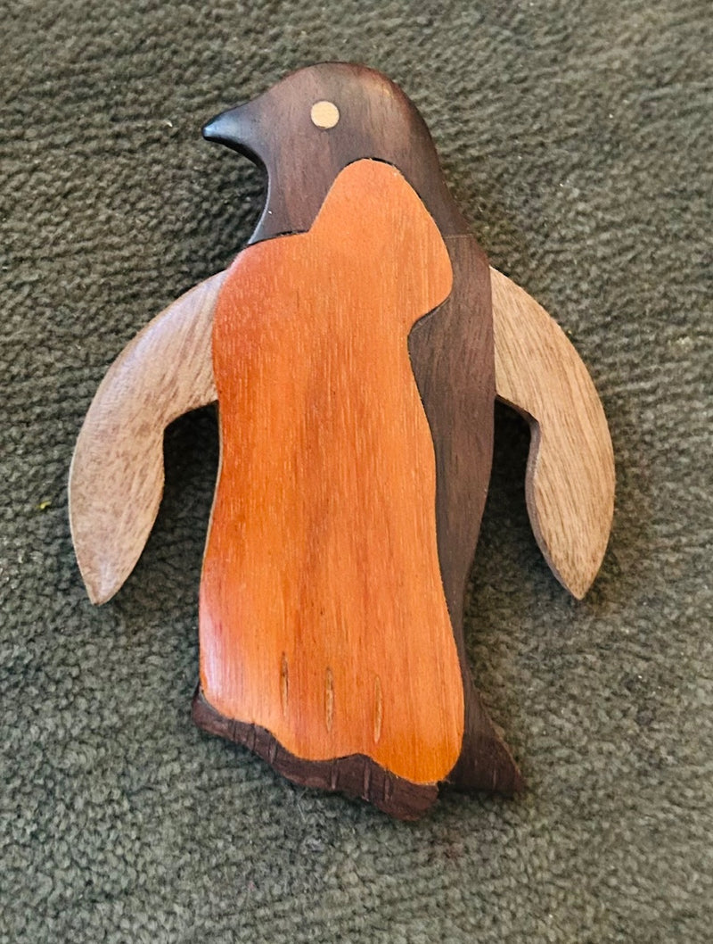 Wood Penguin Art Brooch (2 1/2" Tall)