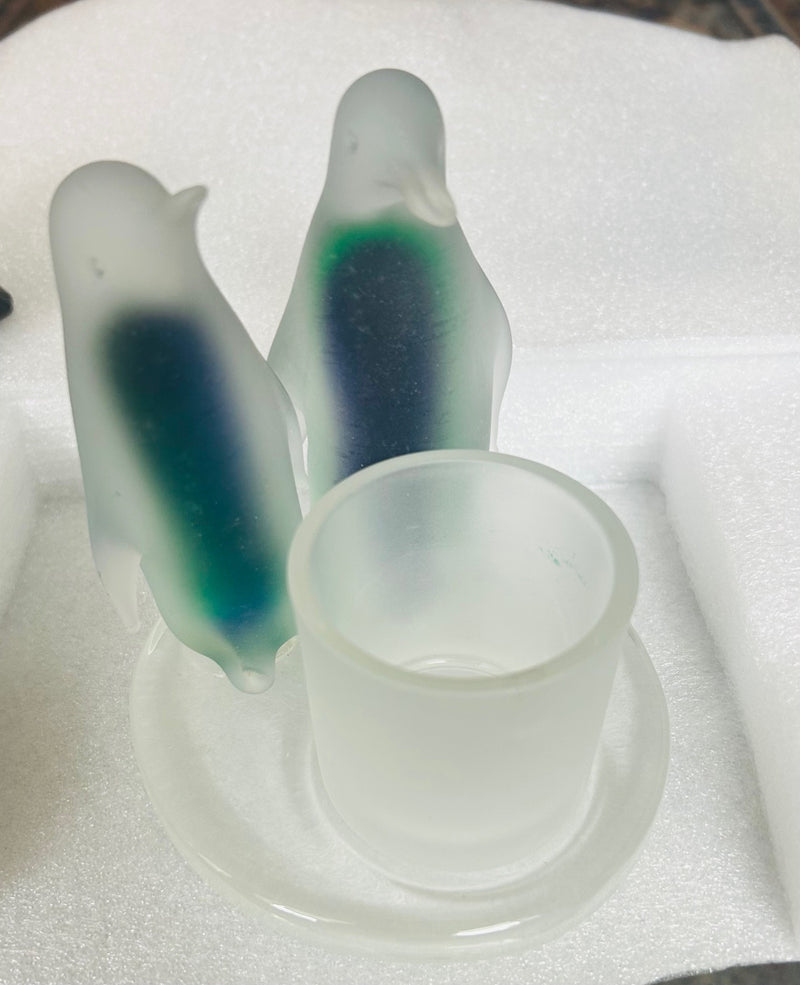 Frosted Glass Penguin Candle Holder Sculpture (6" tall