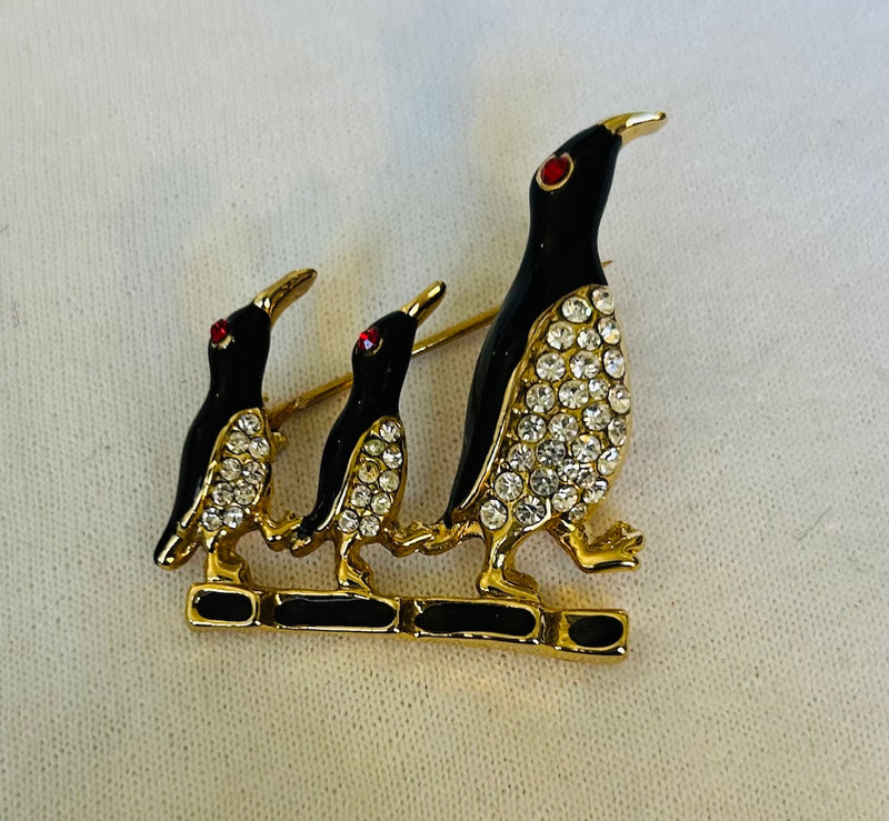 Penguin Parade Rhinestone and Enamel Brooch (2 1/2" Tall)