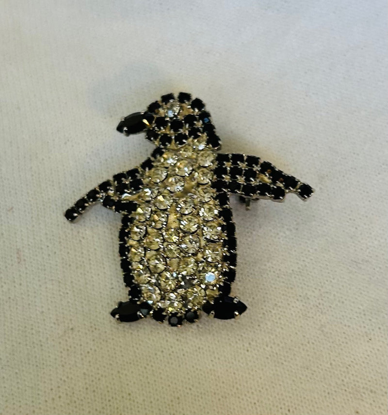 Rhinestones Wing Out Penguin Brooch (1 1/2" Tall)