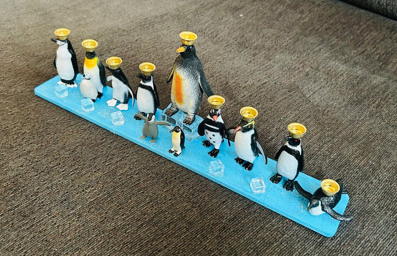 Penguin Hanukkah Menorah (12" x 2" x 4")