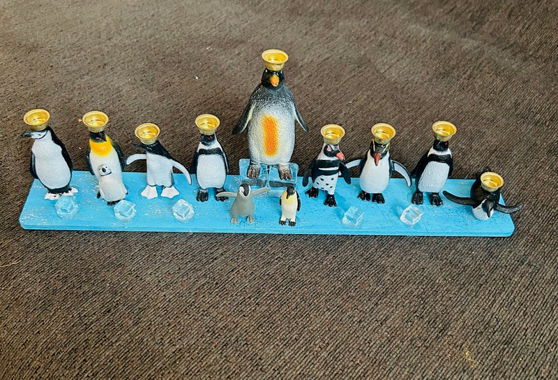 Penguin Hanukkah Menorah (12" x 2 1/2" x 4")