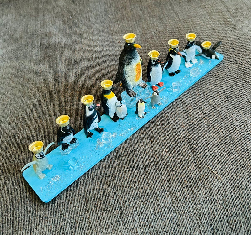 Penguin Hanukkah Menorah (12" x 2 1/2" x 4")
