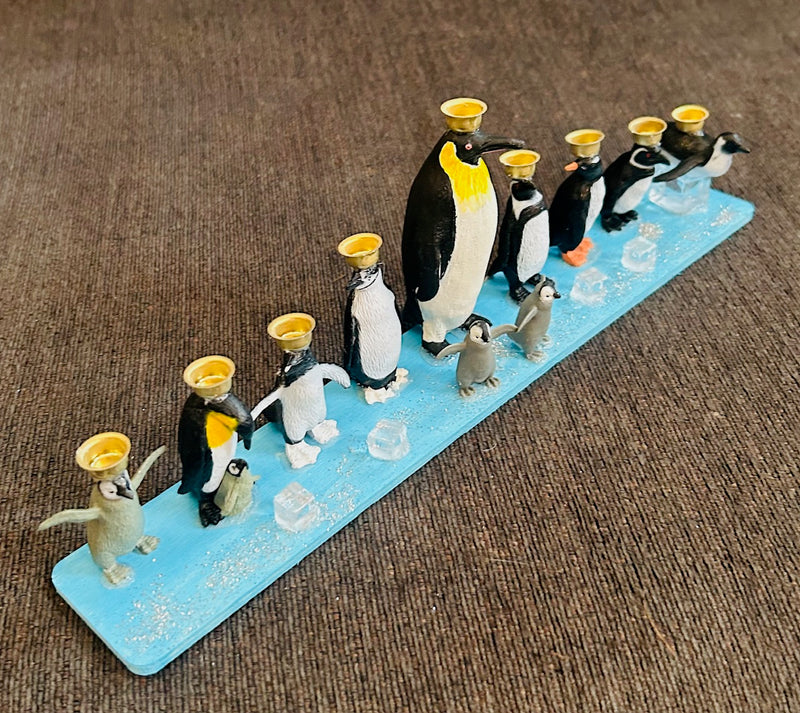 Penguin Hanukkah Menorah (12" x 2 1/2" x 4")