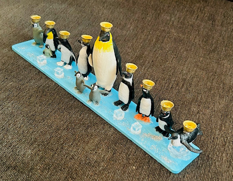 Penguin Hanukkah Menorah (12" x 2 1/2" x 4")