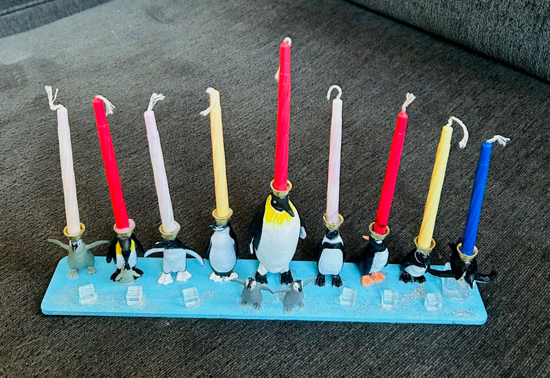 Penguin Hanukkah Menorah (12" x 2 1/2" x 4")