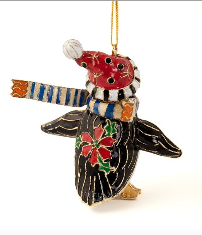 Cloisonne & Enamel Penguin Christmas Ornament (3.75" Tall)