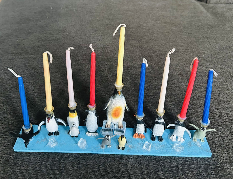 Penguin Hanukkah Menorah (12" x 2 1/2" x 4")