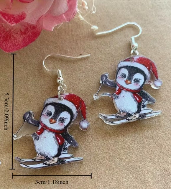 Skiing Santa Penguin Dangle Earrings (1" Tall)