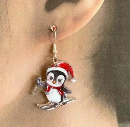 Skiing Santa Penguin Dangle Earrings (1" Tall)