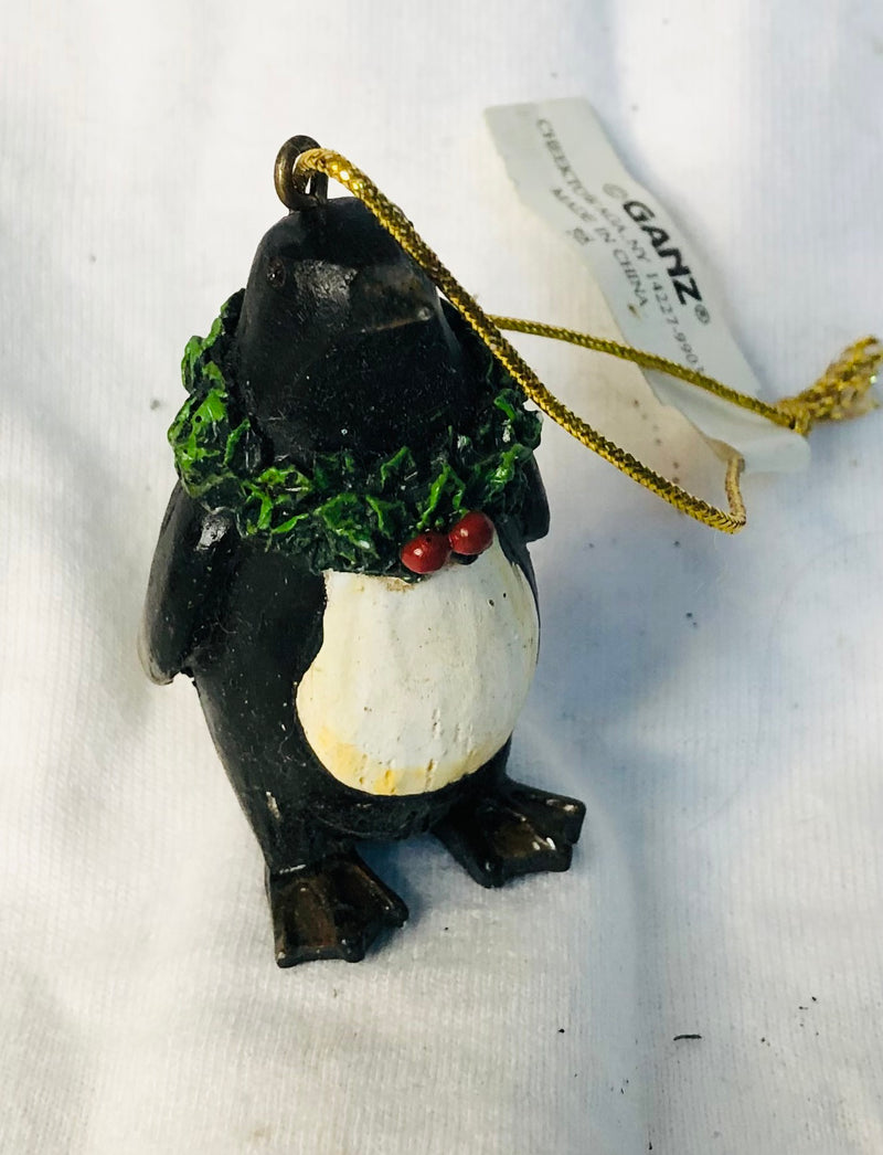 Penguin with Wreath Resin Ornament ( 2" Tall)
