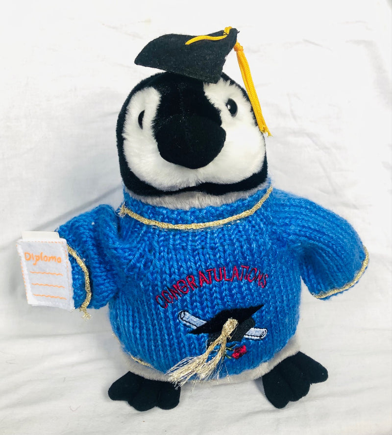 Penguin Graduation Blue Sweater Plush with Cap and Diploma (10" Tall)