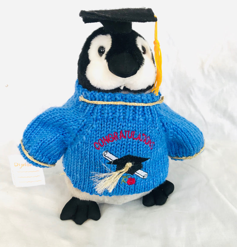 Penguin Graduation Blue Sweater Plush with Cap and Diploma (10" Tall)