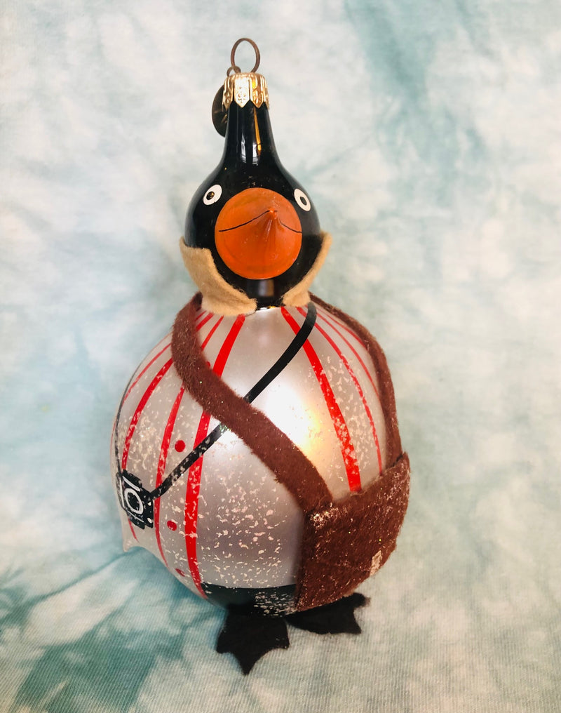 Hand Painted Glass Penguin Tourist Ornament (5" Tall)