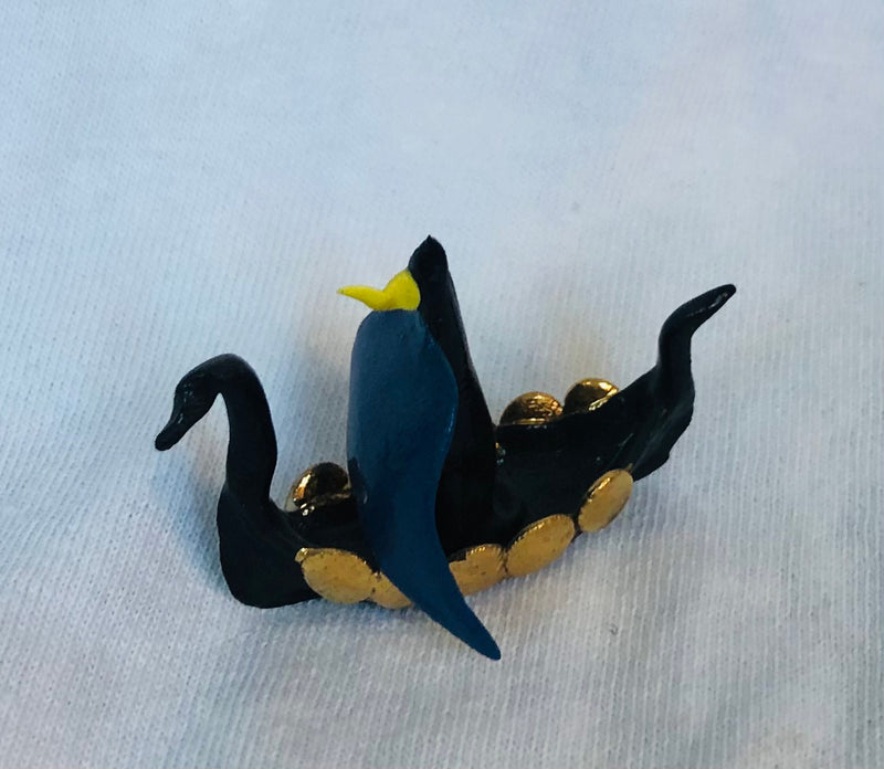 Mini Viking Penguin Sculpture In Dragon Ship (2" LOng