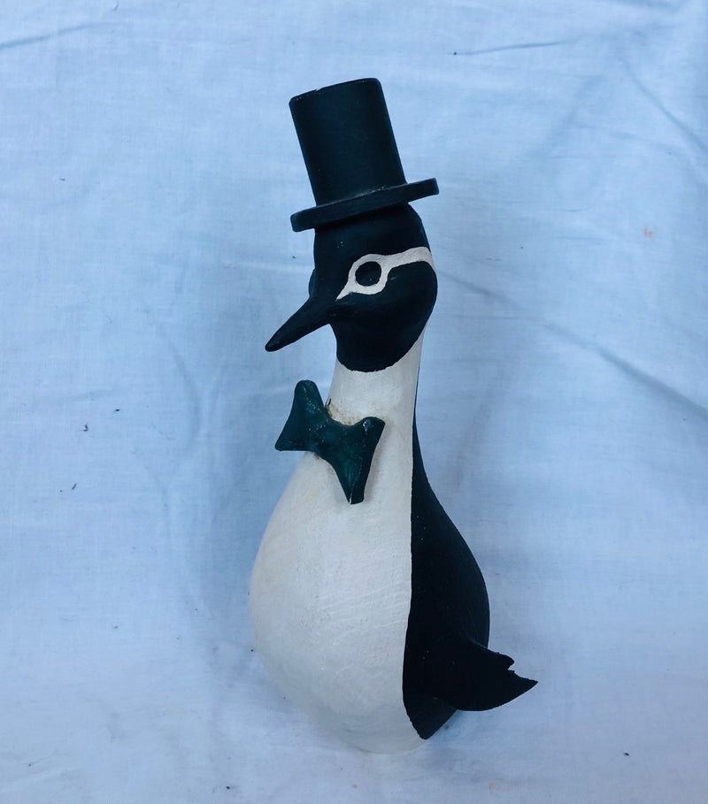 Formal Hand Painted Wood Penguin (8" Tall)