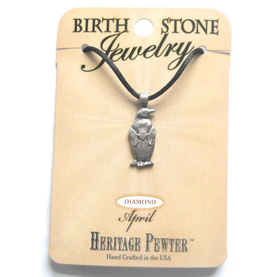 Pewter Penguin April Birthstone Pendant Jewelry Gift
