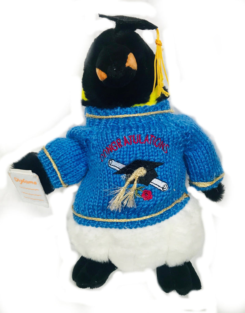 Emperor Penguin Graduation Plush with  Blue Sweater, Grad Hat and Diploma (10" Tall)