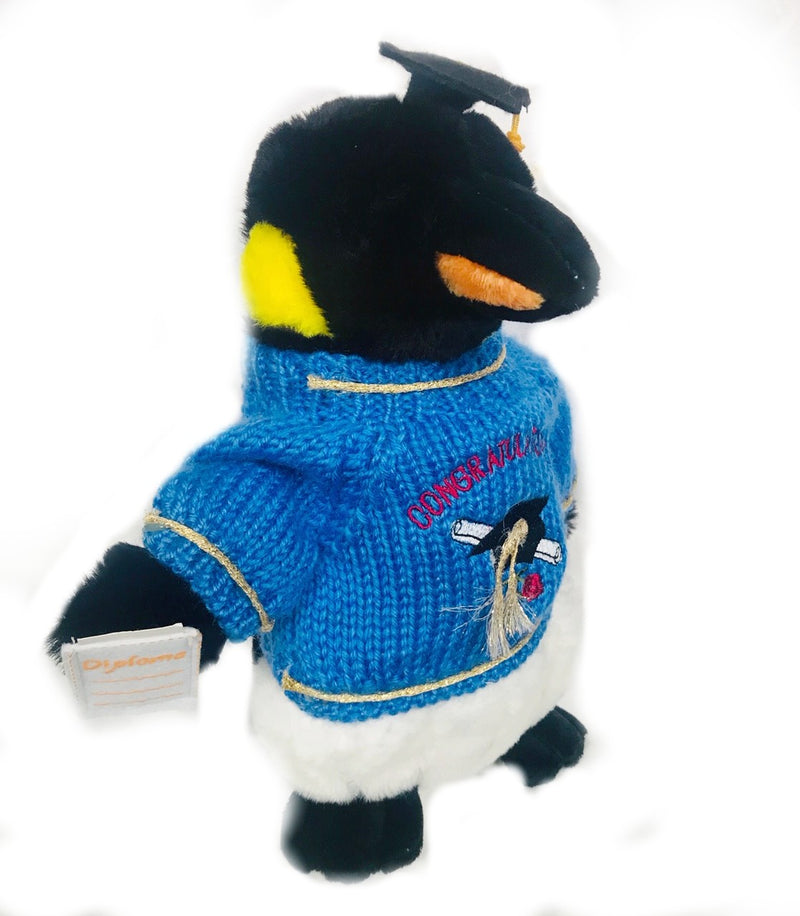 Emperor Penguin Graduation Plush with  Blue Sweater, Grad Hat and Diploma (10" Tall)