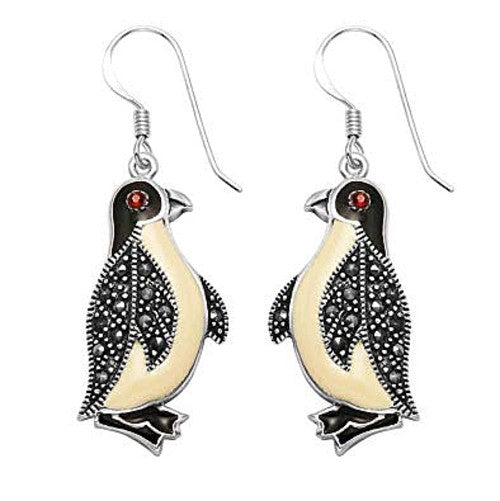 Elegant Silver, Enamel and Marcasite Penguin Earrings