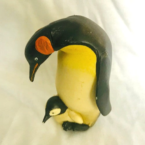Wooden Carved Penguin and Chick Statue (2 1/2" Tall)