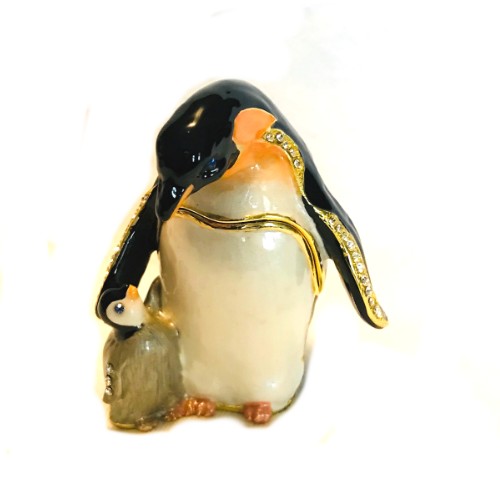Bejeweled and Enamel Penguin & Baby Figurine Box (3" Tall)