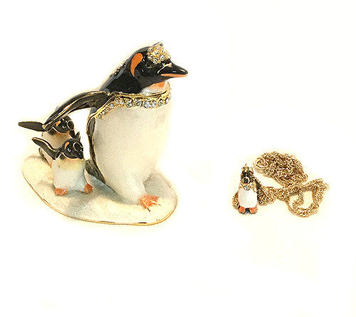 Penguin Family Bejeweled Figurine Box Pendant Gift
