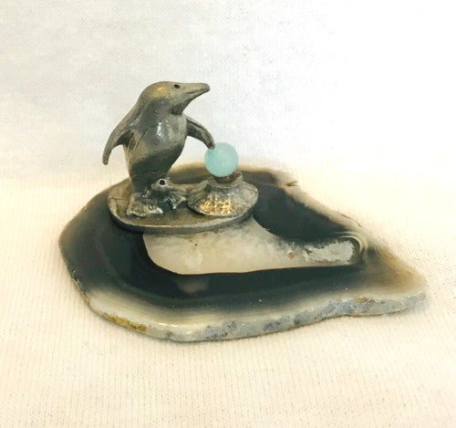 Mom & Baby Pewter Penguin and Glass Snow Ball On Slate (1" Tall)